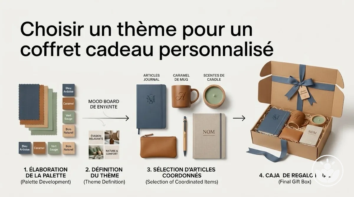 Éléments d’un coffret cadeau personnalisé coordonnés autour d’un thème clair et d’une palette de couleurs