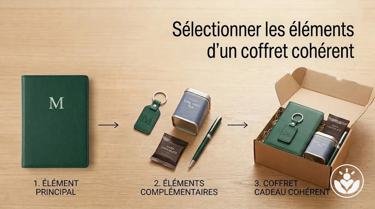 Coffret cadeau personnalisé cohérent avec un élément principal et des compléments assortis