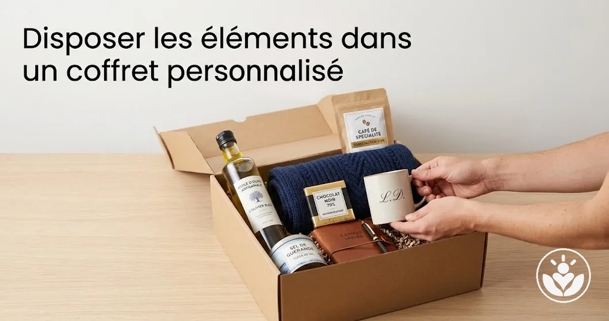 Coffret cadeau personnalisé avec des éléments disposés selon leur taille, leur hauteur et leur point focal