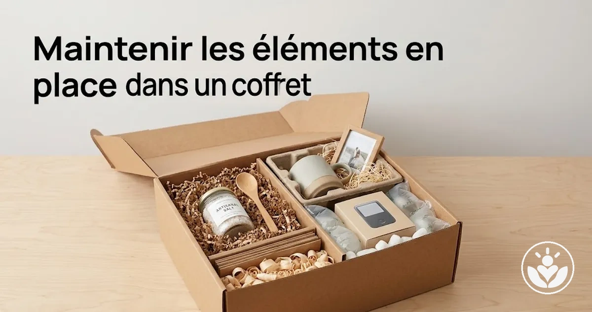 Éléments d’un coffret cadeau maintenus en place avec du remplissage et du calage pour éviter les déplacements