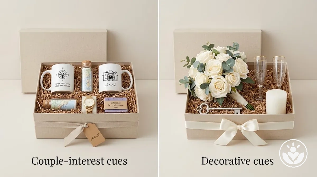 Comparaison de l'alignement thématique d'un coffret cadeau de mariage axé sur le destinataire et d'une correspondance thématique décorative.