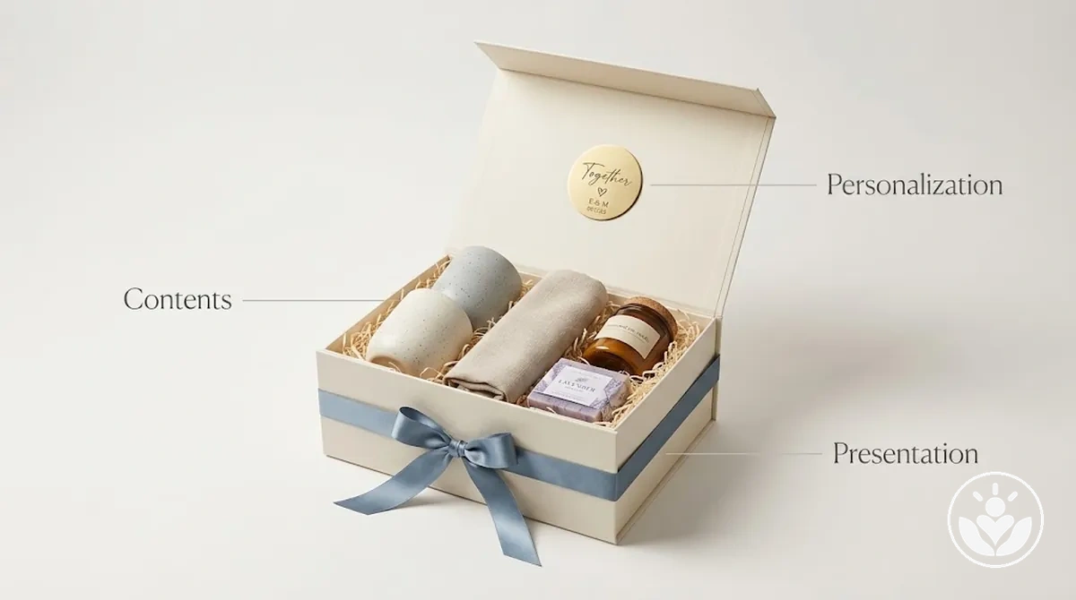Coffret cadeau de mariage annoté montrant un thème cohérent dans le contenu, la personnalisation et la présentation.