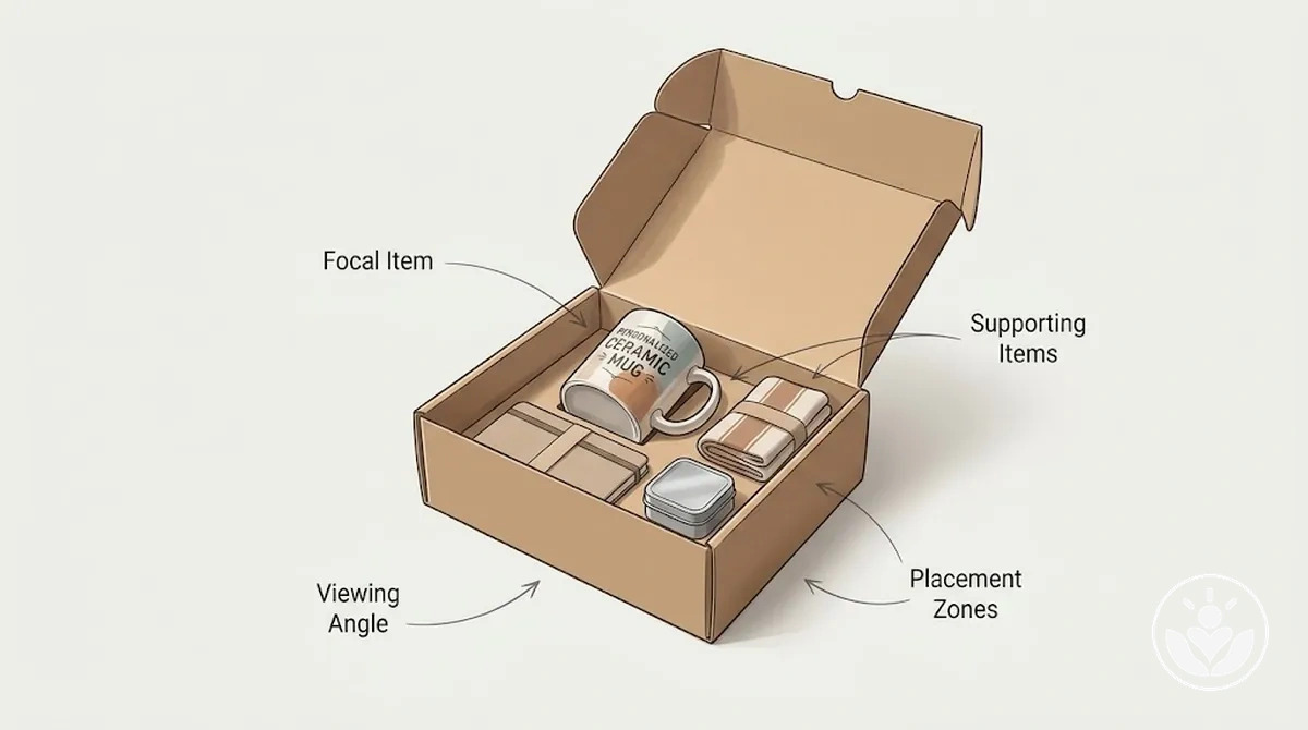 Élément central positionné pour ancrer les éléments secondaires dans un coffret cadeau personnalisé