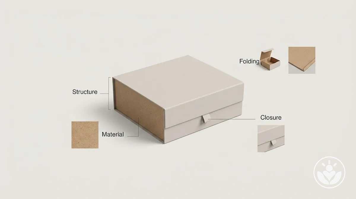 Coffrets présentant différentes constructions, matériaux de carton et mécanismes de fermeture