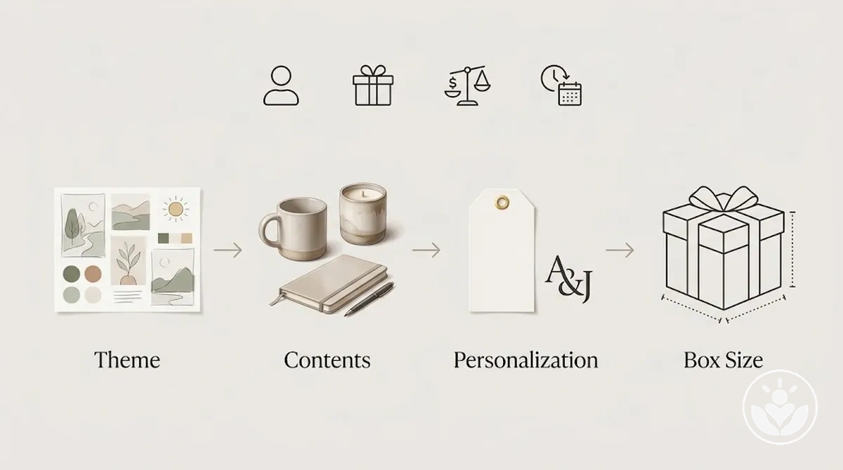Séquence de planification d'un coffret cadeau allant des entrées destinataire et contraintes vers le thème, le contenu, la personnalisation et la confirmation de la taille du coffret
