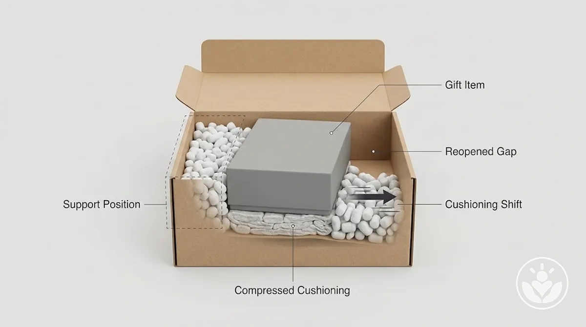Rembourrage de coffret cadeau déplacé loin d'un élément, rouvrant un espace latéral.