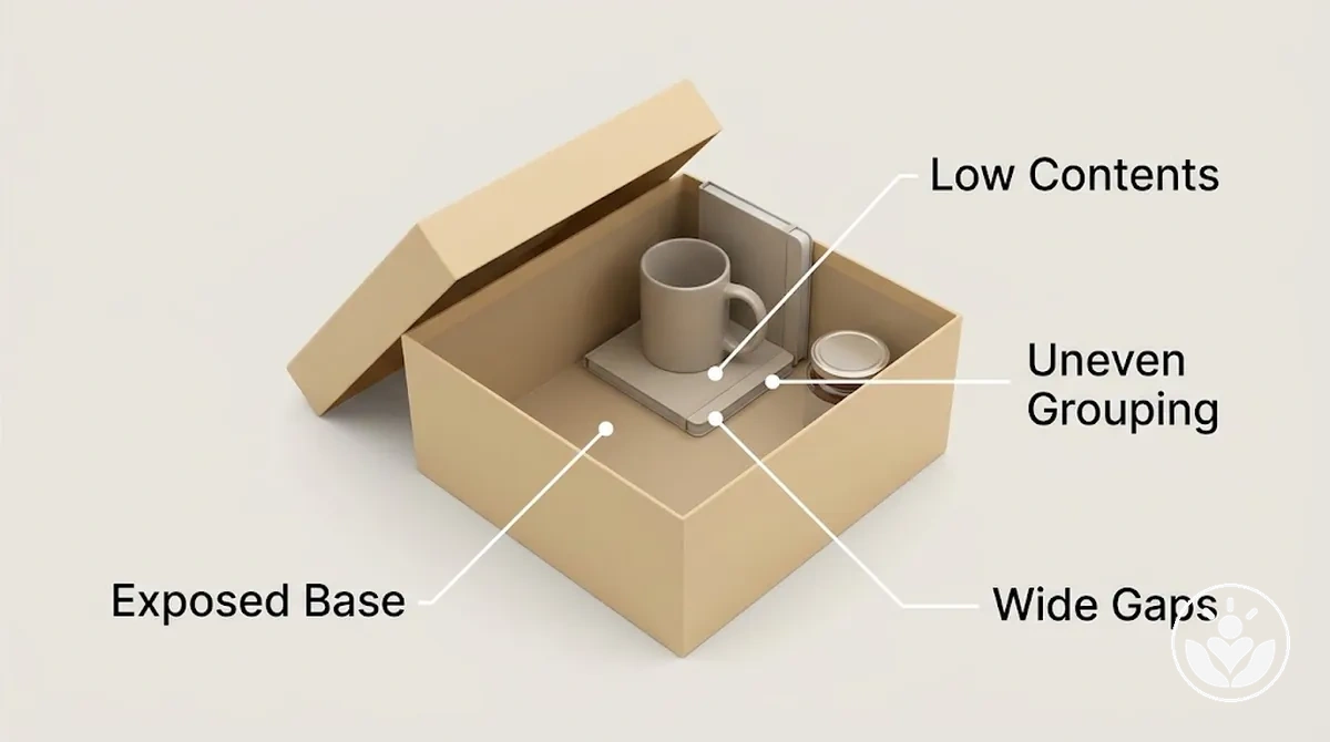 Coffret cadeau à l’aspect clairsemé avec fond exposé, articles bas et espaces irréguliers