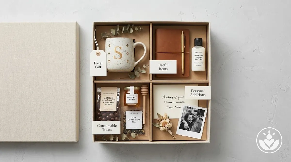 Différents types de contenus disposés ensemble dans un coffret cadeau personnalisé