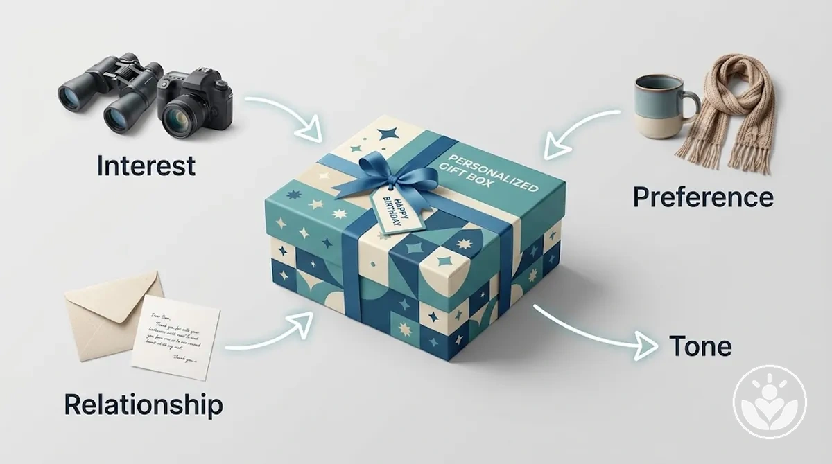 Diagramme reliant les centres d intérêt, les préférences et le contexte relationnel du destinataire au ton du coffret cadeau d anniversaire.