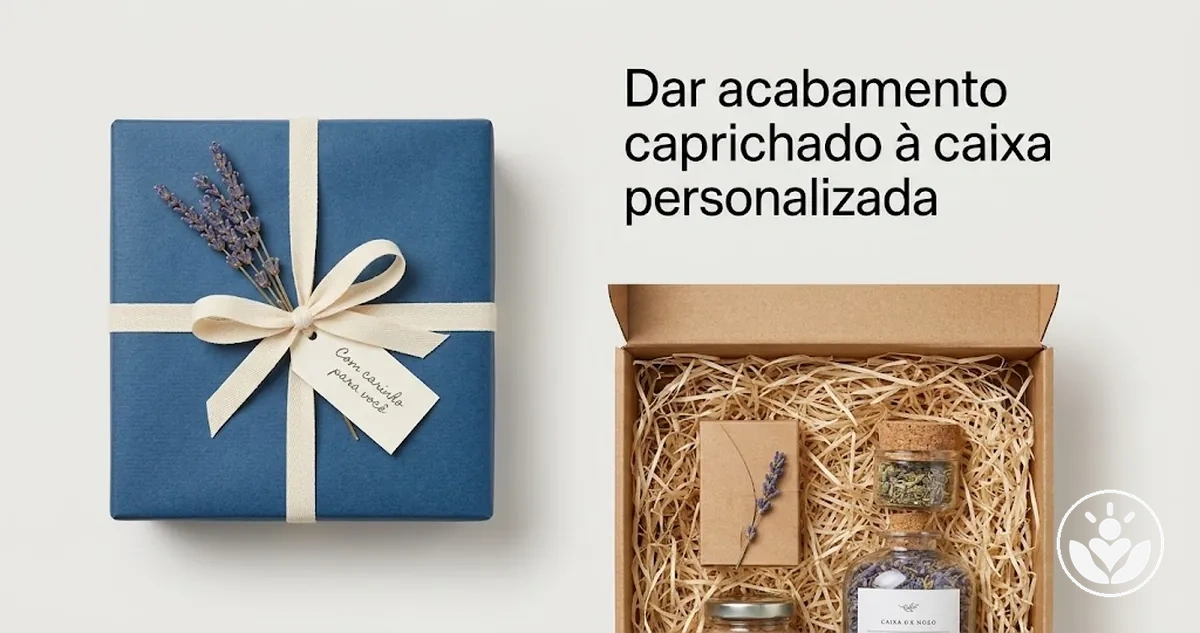 Caixa de presente personalizada com embalagem, enchimento e detalhes finais coordenados