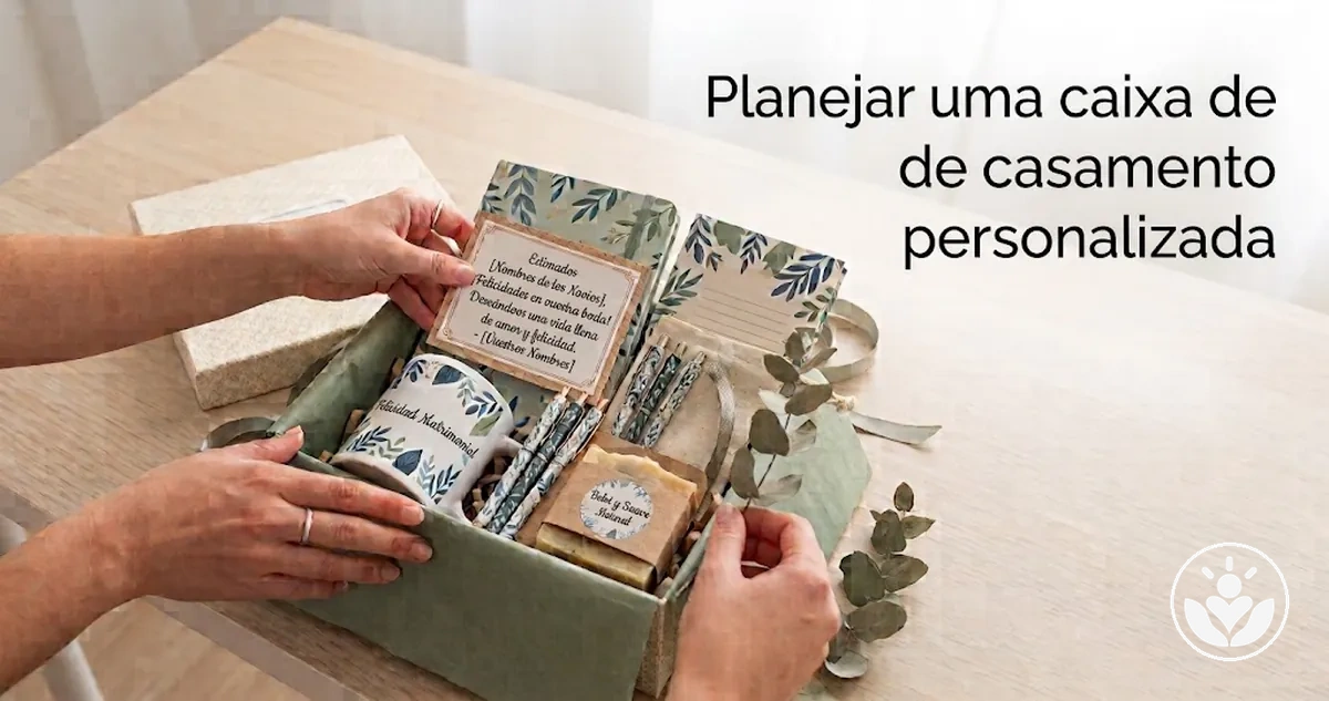 Caixa de presente de casamento personalizada com itens coordenados e apresentação elegante