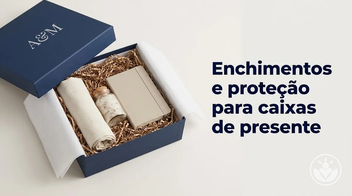 Enchimentos e materiais de proteção que apoiam e protegem os itens dentro de uma caixa de presente