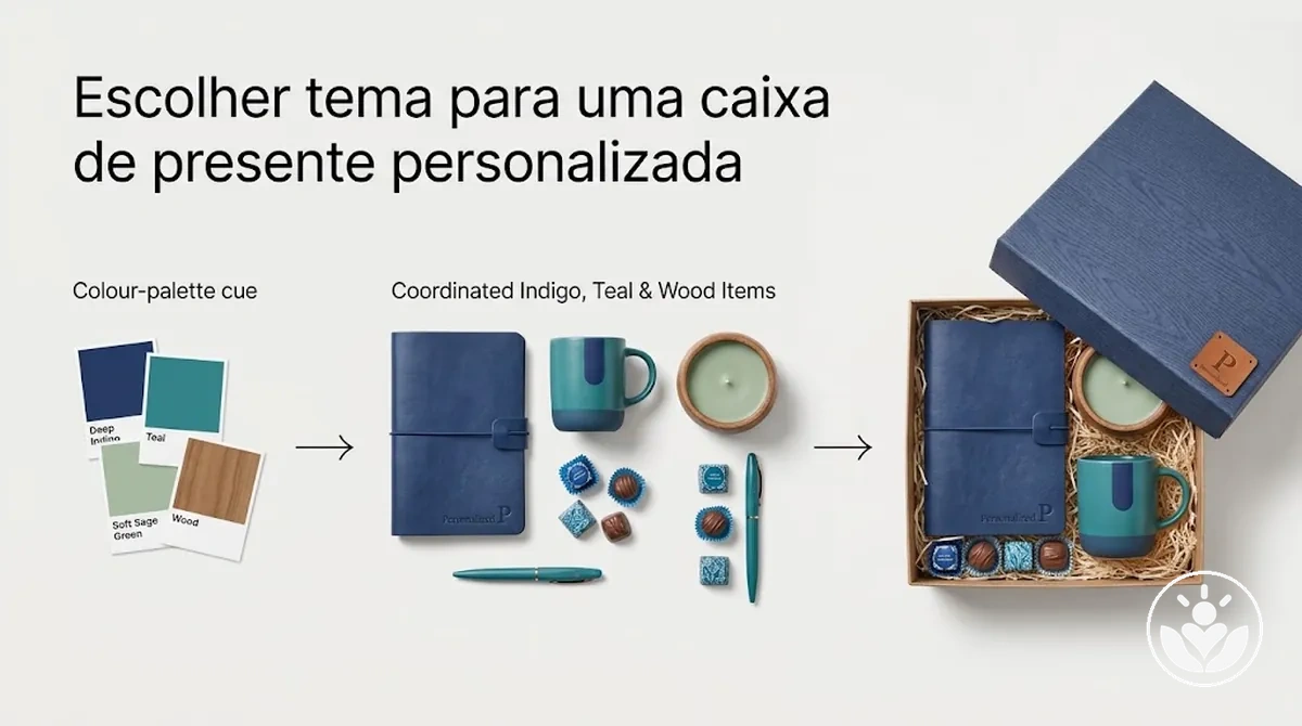 Itens de uma caixa de presente personalizada coordenados por tema e paleta de cores