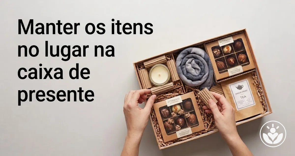Itens de uma caixa de presente presos com enchimento e proteção para evitar movimentos