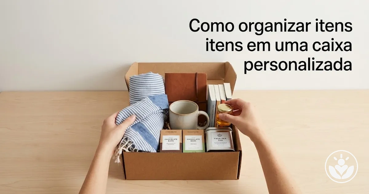 Caixa de presente personalizada com itens organizados por tamanho, altura e posição de destaque