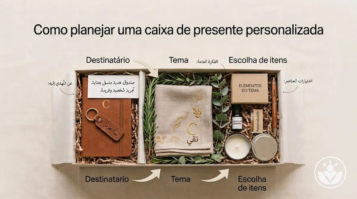 Planejamento de uma caixa de presente personalizada com escolhas de destinatário, tema e itens