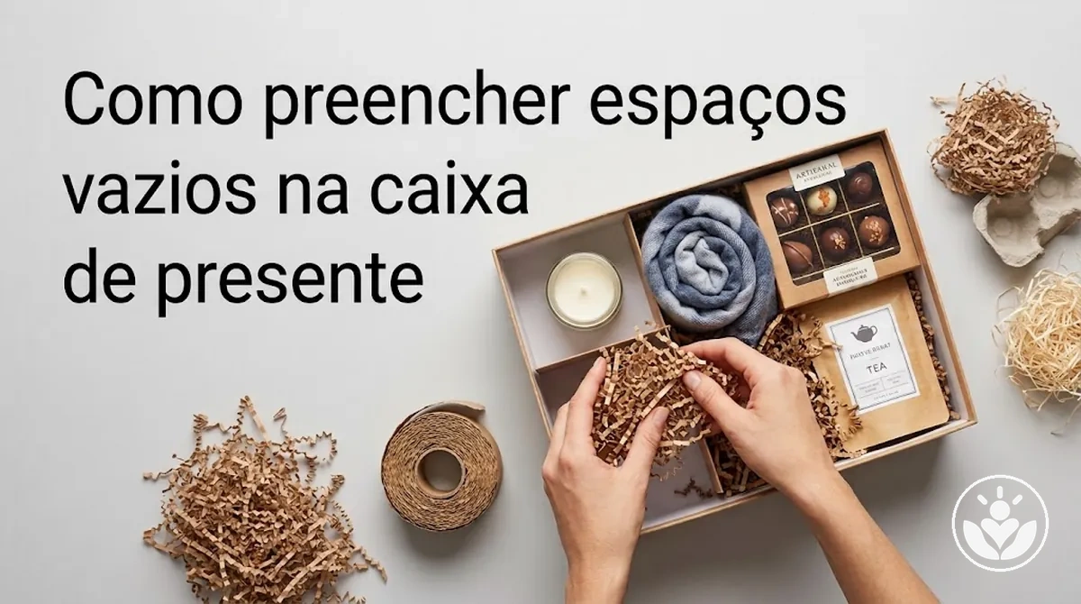 Caixa de presente com material de enchimento para apoiar os itens e preencher espaços vazios