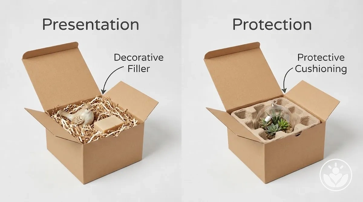 Enchimento decorativo para caixa de presente comparado com proteção ao redor dos itens