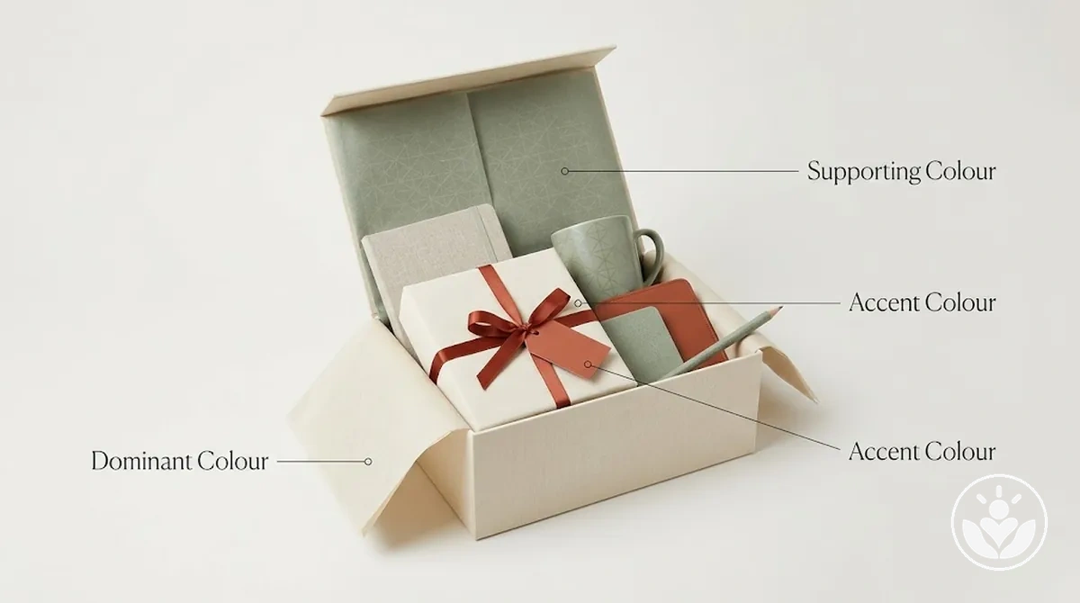 Caixa de presente personalizada com cor dominante coordenada, cor de suporte e detalhes de acabamento