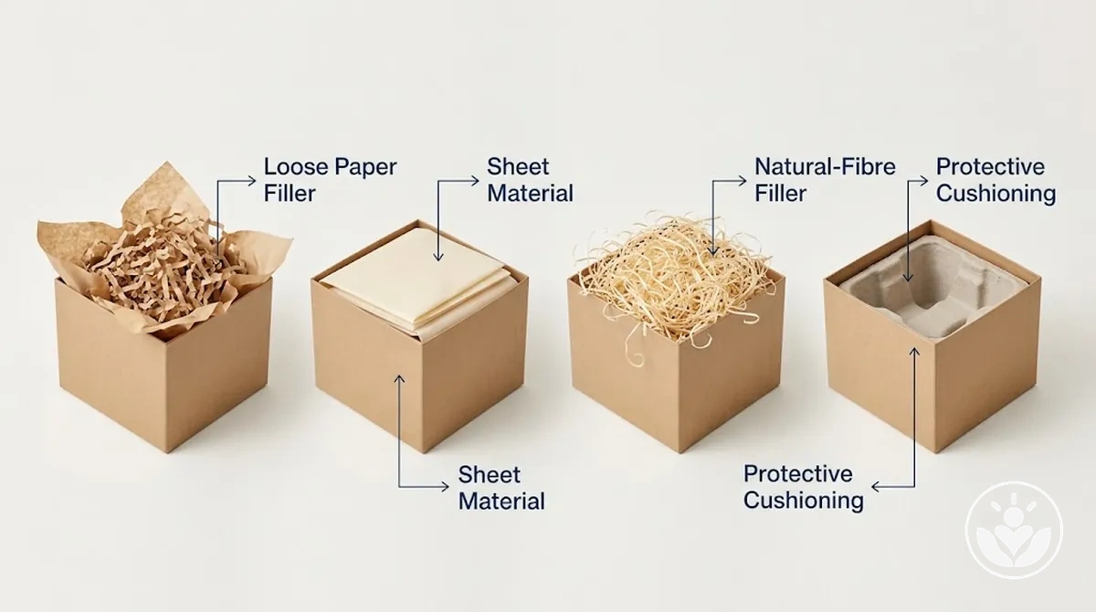 Principais tipos de enchimentos e proteção para caixas de presente mostrados por forma do material