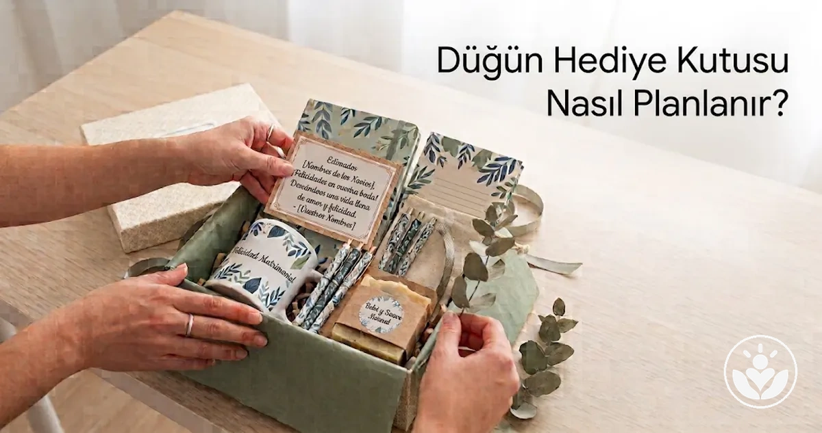Uyumlu hediyeler ve zarif sunum içeren kişiselleştirilmiş düğün hediye kutusu