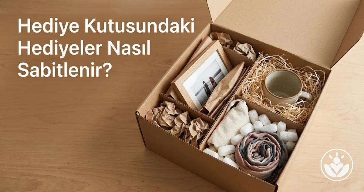 Hareket etmelerini önlemek için dolgu ve koruma malzemeleriyle sabitlenmiş hediye kutusu içeriği