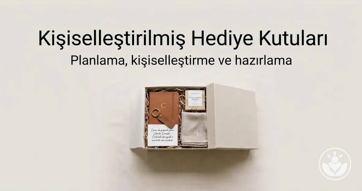 Sunum için uyumlu biçimde yerleştirilmiş hediyeler içeren kişiselleştirilmiş hediye kutusu