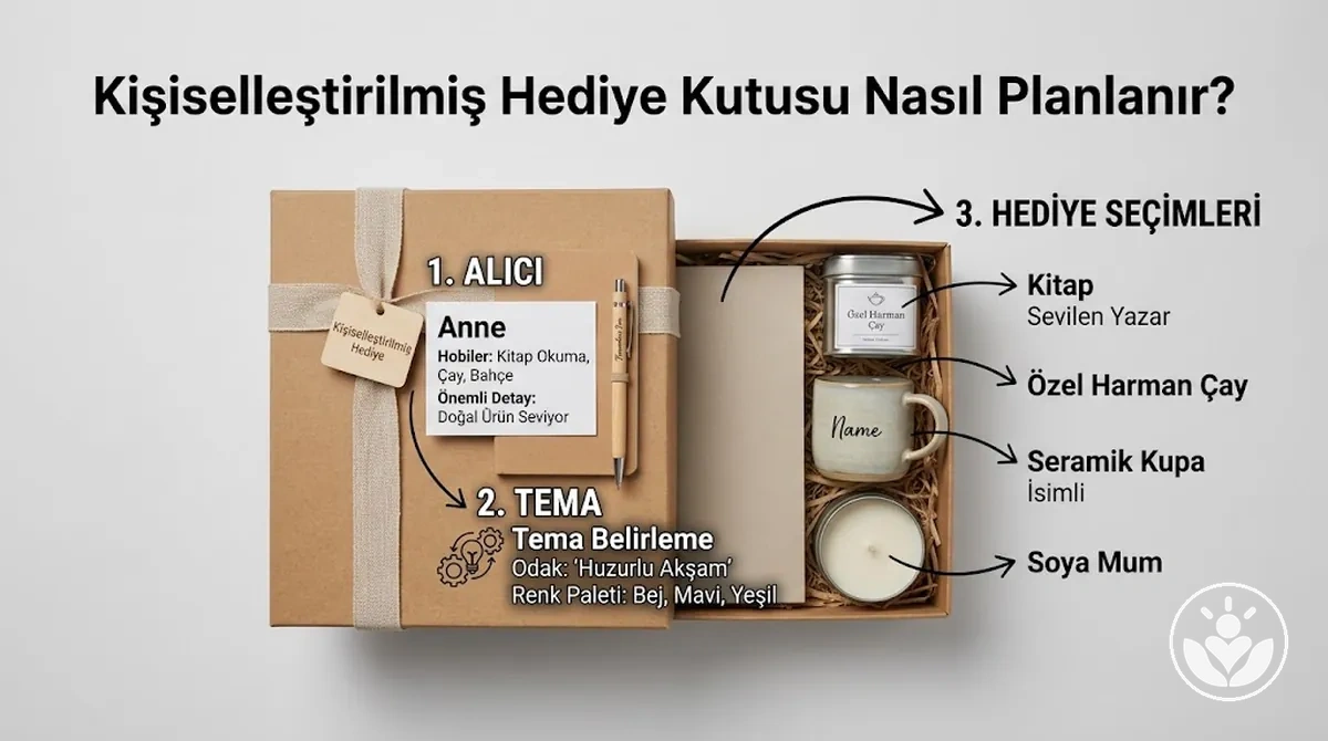 Alıcı, tema ve hediye seçimleriyle kişiselleştirilmiş hediye kutusu planlaması