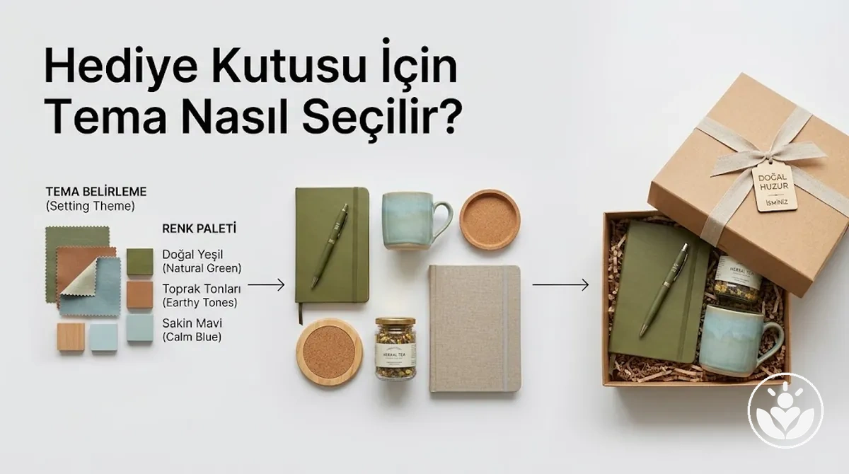 Belirgin bir tema ve renk paletine göre uyumlu hale getirilmiş kişiselleştirilmiş hediye kutusu içeriği